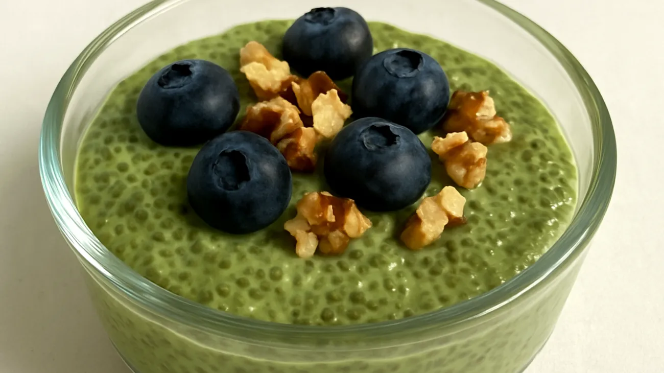 Matcha-Chia-Pudding mit Walnüssen und Blaubeeren"