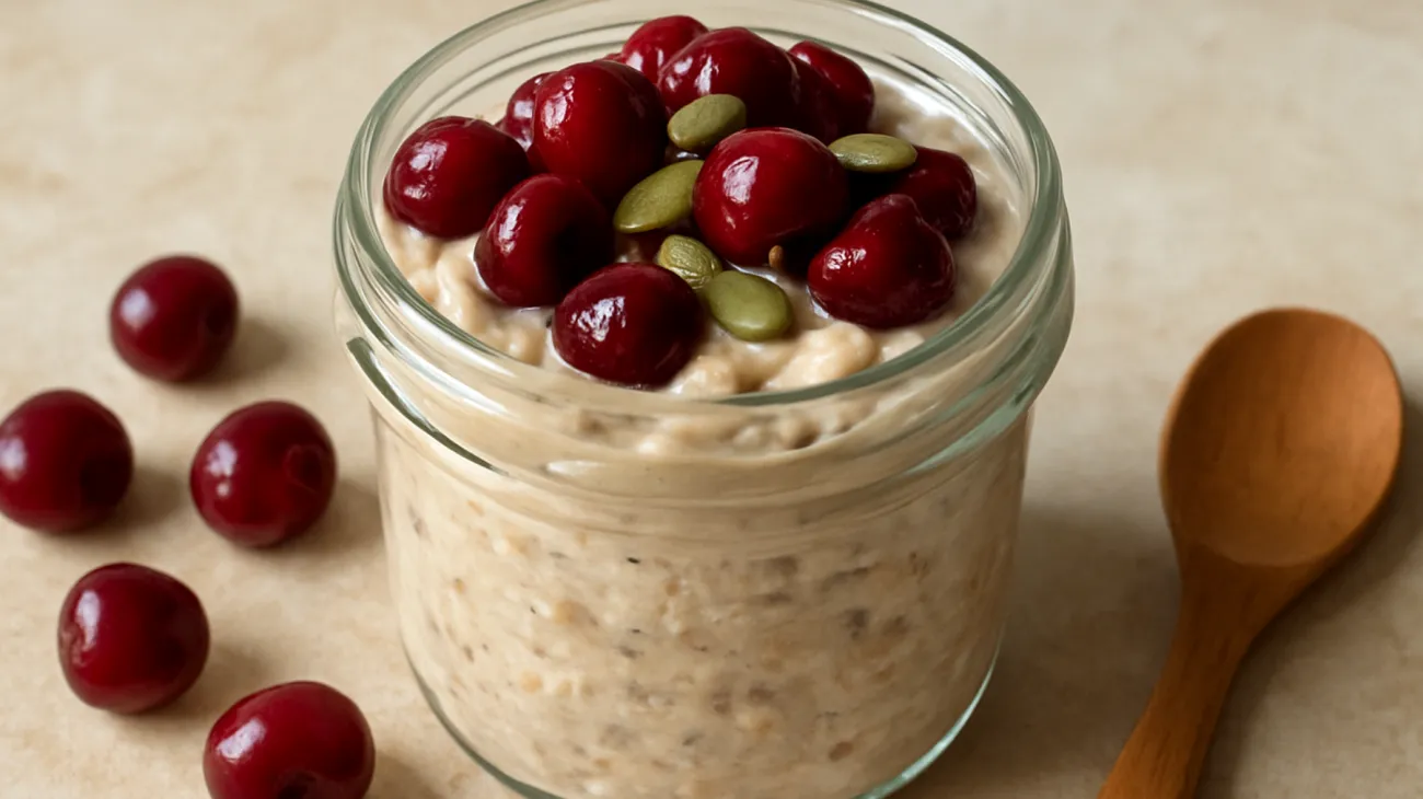Tart Cherry und Hafer Overnight Pudding mit Magnesiumreichen Kürbiskernen"